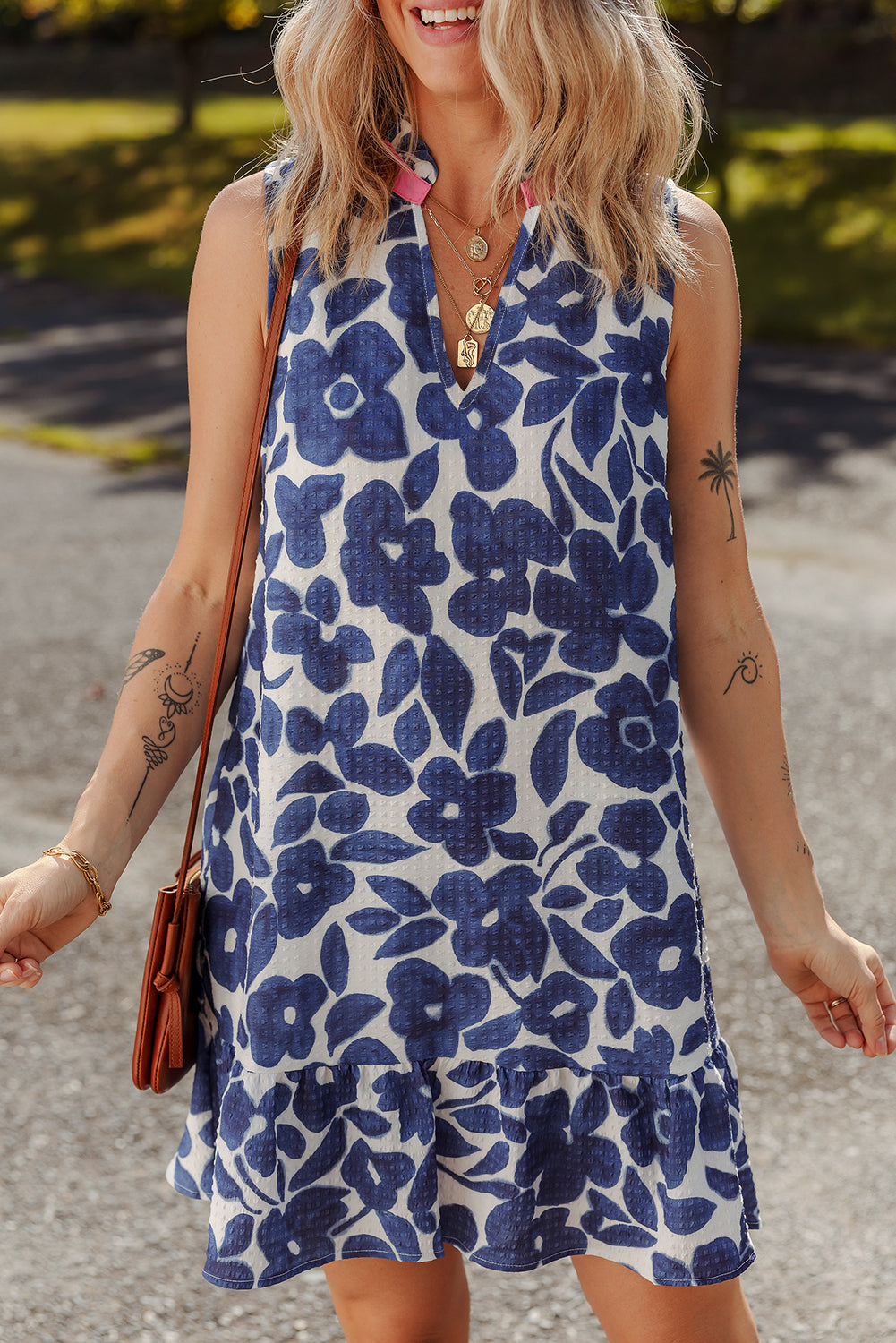 Blue Floral Sleeveless Colorblock Notched V Neck Mini Dress Mini Dresses JT's Designer Fashion