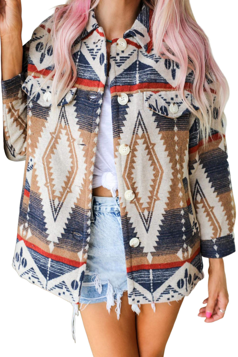 Multicolor Aztec Print Button-Up Oversized Jacket Jackets JT's Designer Fashion