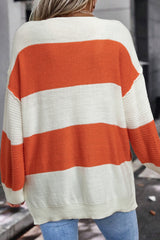 Orange Stripe Loose Color Block Drop Shoulder Bubble Sleeve Sweater Sweaters JT's Designer Fashion