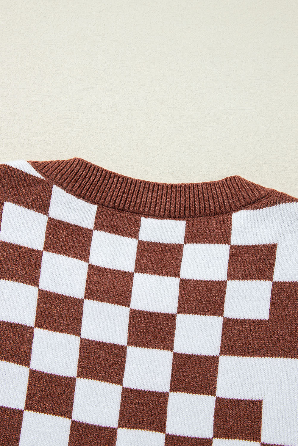 Brown Checkered Print Drop Shoulder Round Neck Sweater Sweaters JT's Designer Fashion