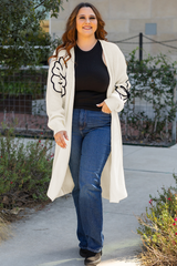 Beige Flower Embroidered Drop Shoulder Open Front Duster Cardigan Cardigans JT's Designer Fashion