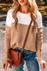 Straw Yellow Colorblock Ribbed Trim Round Neck Sweater Sweaters JT's Designer Fashion