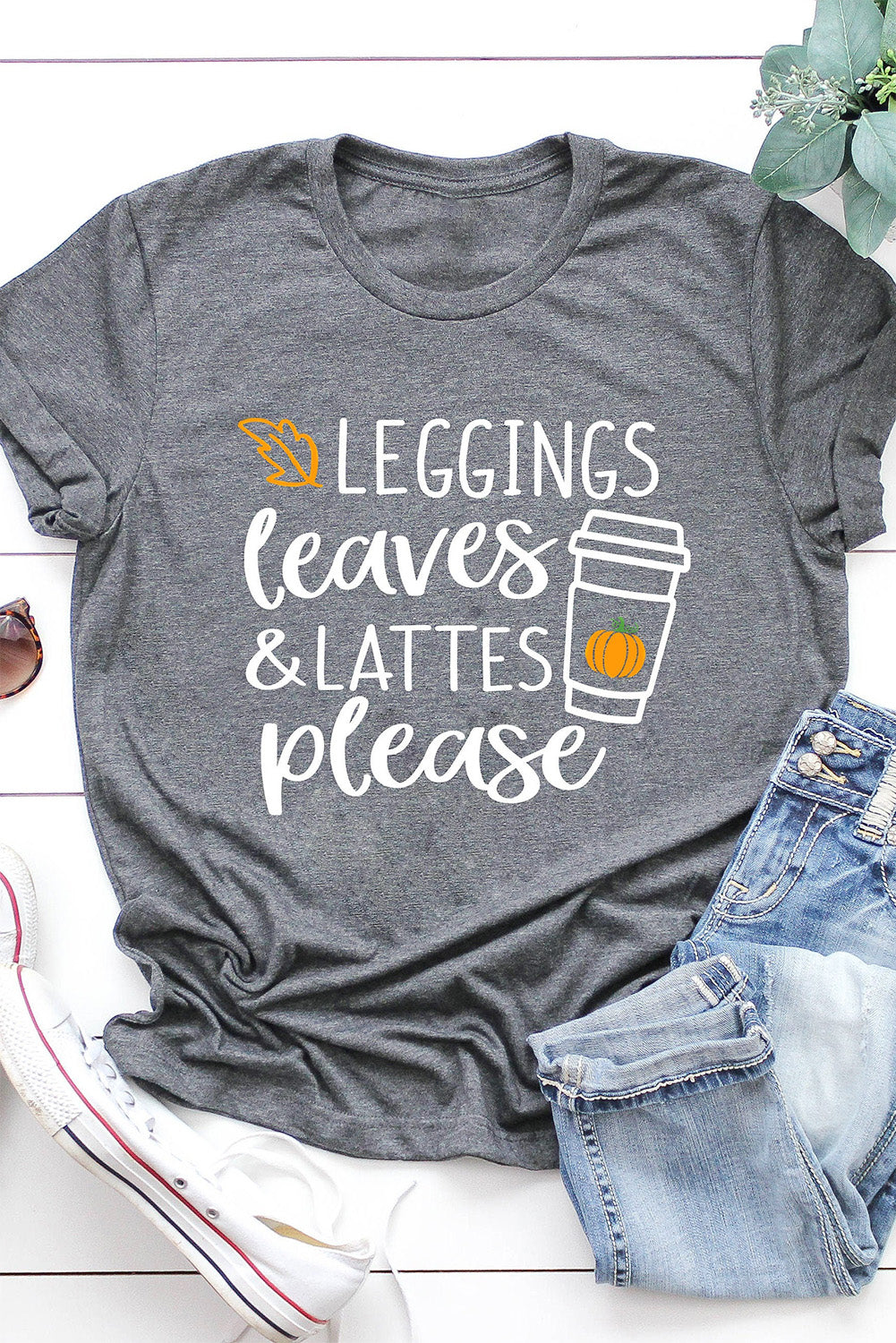 Gray Leggings Leaves and Lattes Please Graphic Tee Gray 95%Polyester+5%Elastane Graphic Tees JT's Designer Fashion