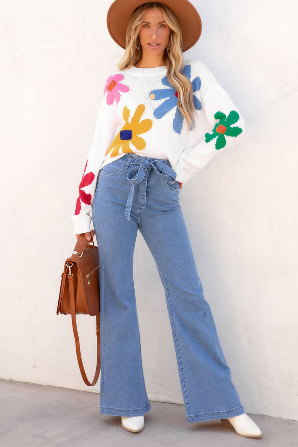 White Colorful Big Flower Pattern Crewneck Sweater Sweaters JT's Designer Fashion