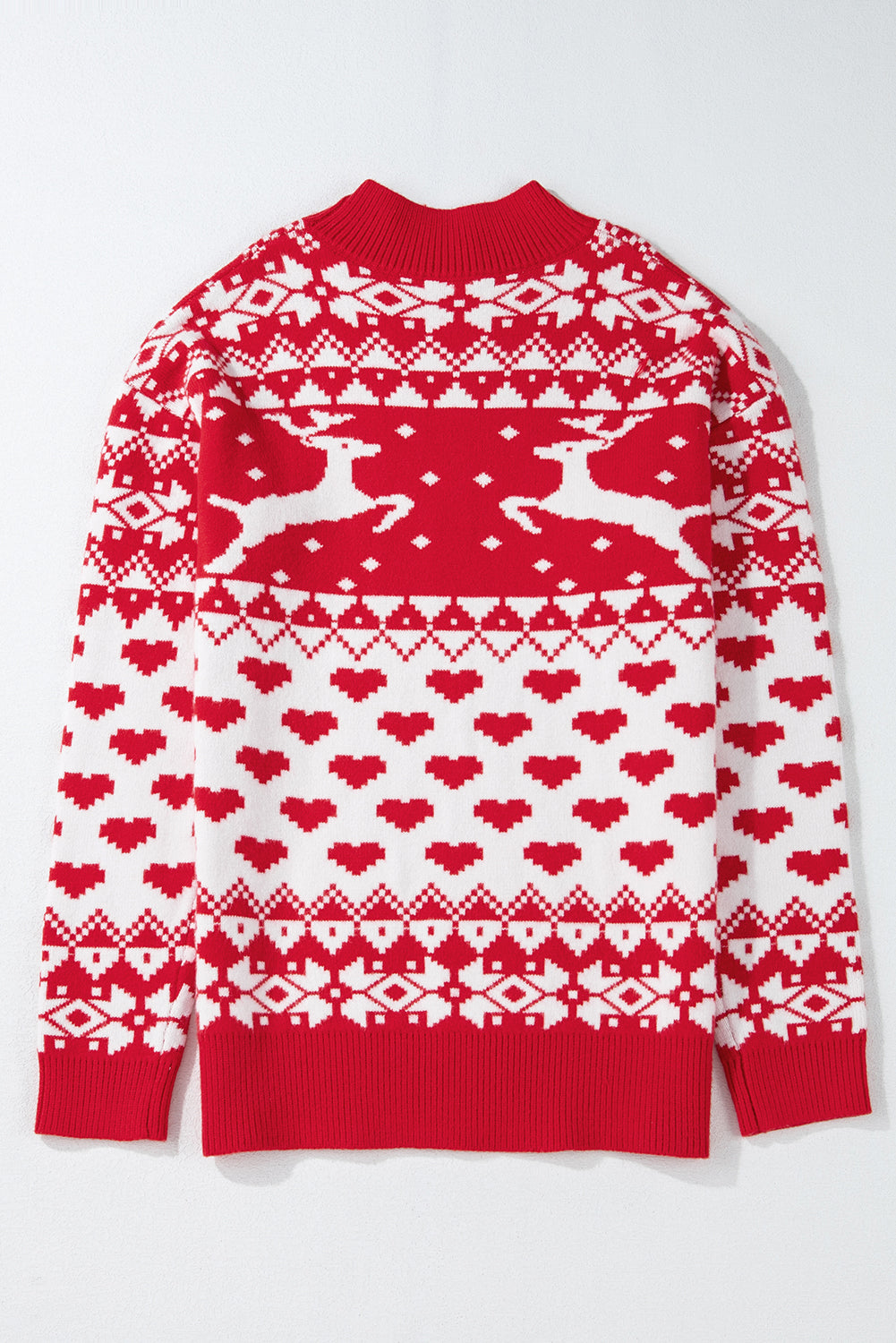 Fiery Red Merry Christmas Reindeer Heart Pattern High Neck Sweater Sweaters JT's Designer Fashion