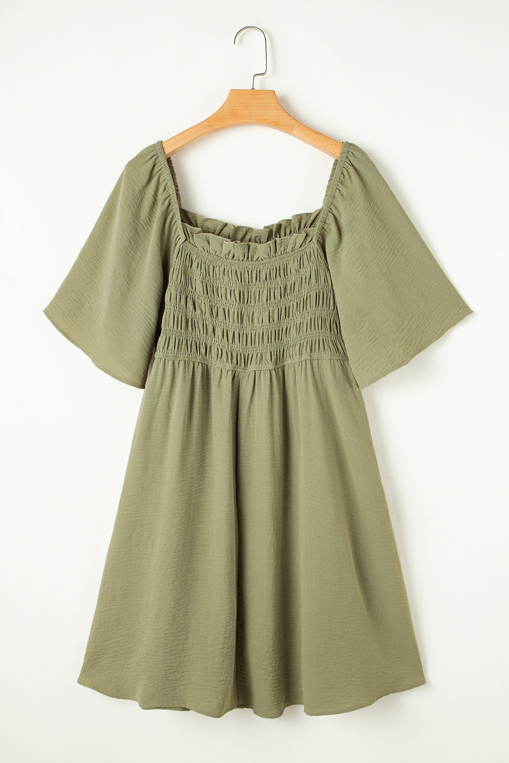 Grass Green Frilly Square Neck Flutter Sleeve Smocked High Waist Plus Size Dress Plus Size Mini Dresses JT's Designer Fashion