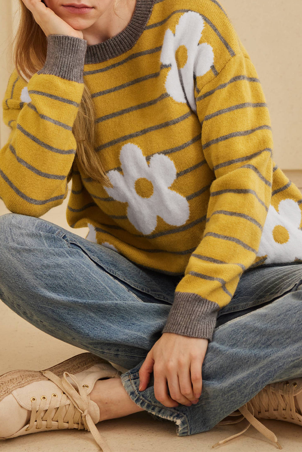 Yellow Stripe Daisy Floral Knitted Round Neck Sweater Yellow Stripe 50%Viscose+28%Polyester+22%Polyamide Sweaters JT's Designer Fashion