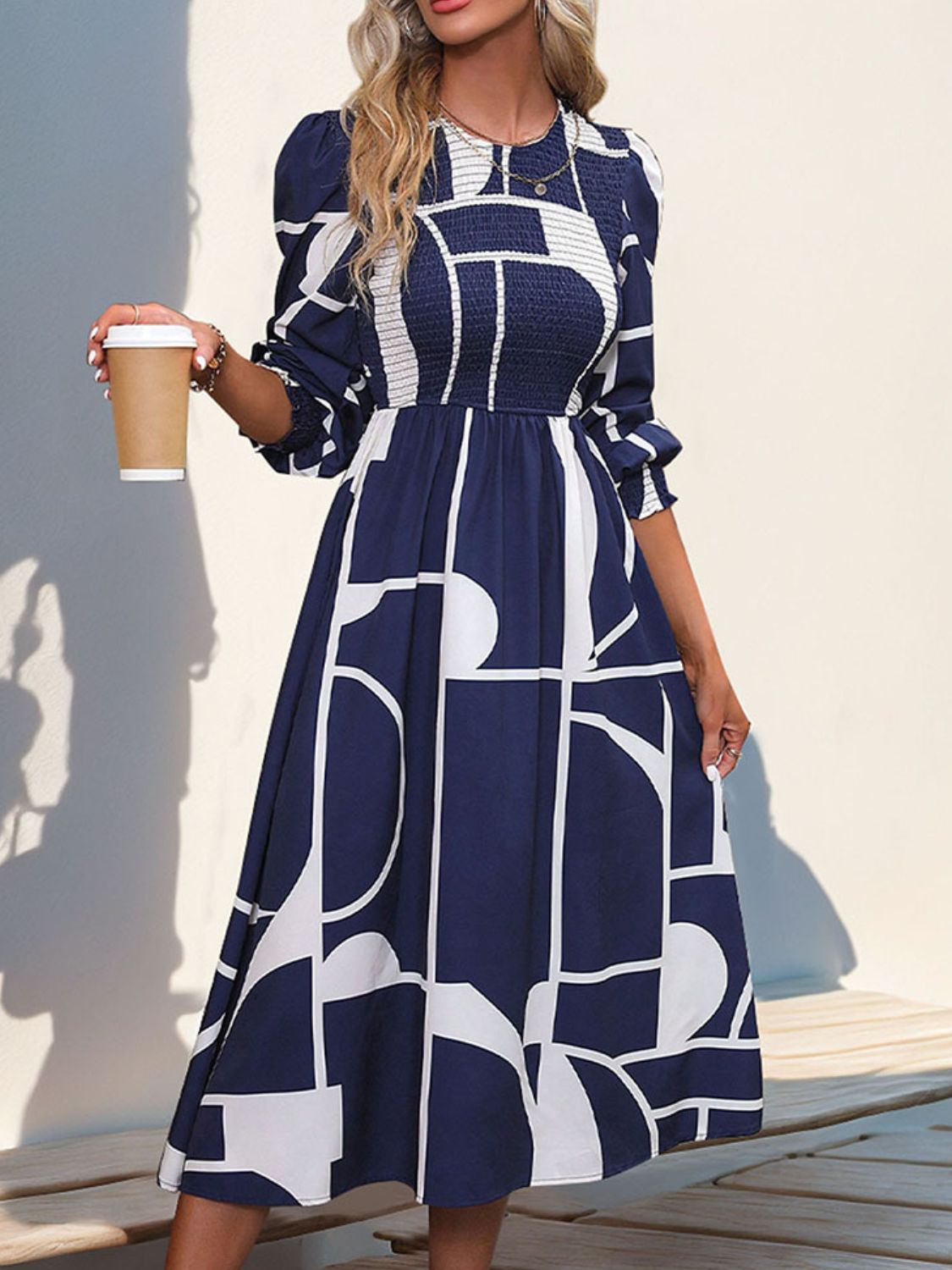 Smocked Color Block Long Sleeve Midi Dress Midi Dresses JT's Designer Fashion