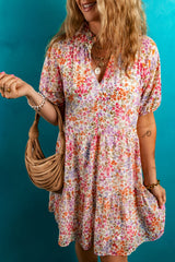 Red Floral Puff Sleeve Notched V Neck Tiered Mini Dress Floral Dresses JT's Designer Fashion