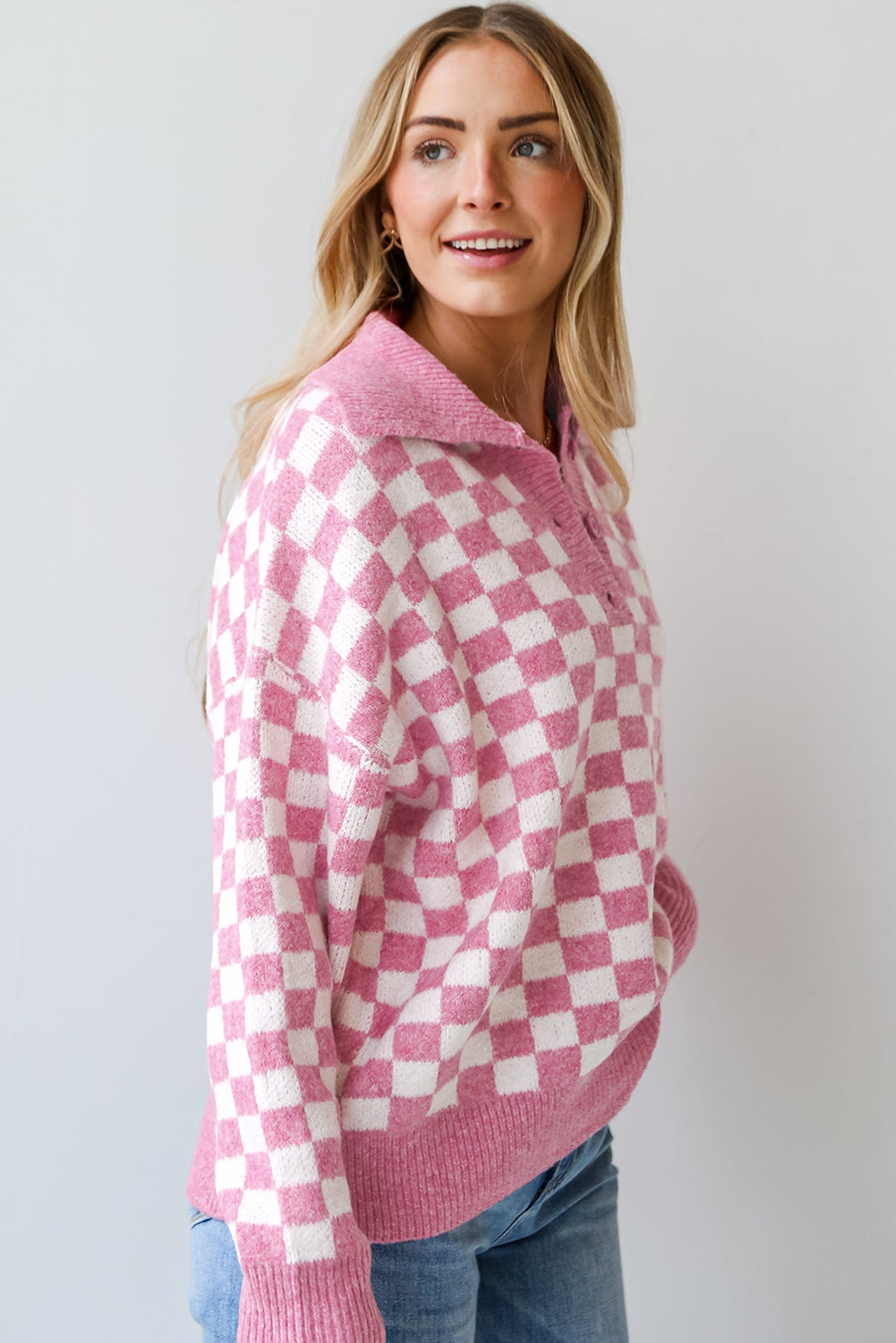Pink Checkered Buttons Collar V Neck Drop Shoulder Sweater Sweaters JT's Designer Fashion