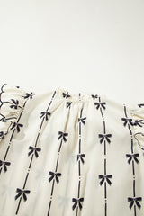 Beige Bow Printed Ruffled Bubble Sleeve Tied Notched V Neck Blouse Blouses & Shirts JT's Designer Fashion