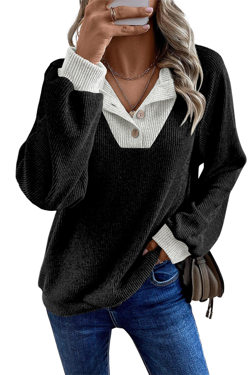 Black Color Contrast Ribbed Loose Fit Long Sleeve Top Long Sleeve Tops JT's Designer Fashion