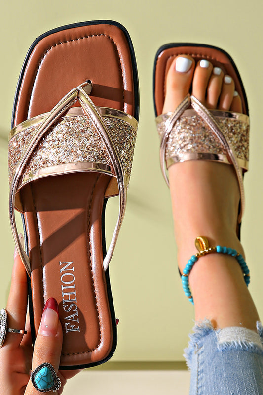 Gold Glitter Band Square Toe Leather Flat Slippers Slippers JT's Designer Fashion