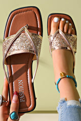 Gold Glitter Band Square Toe Leather Flat Slippers Slippers JT's Designer Fashion