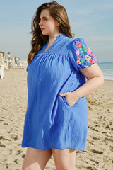 Sky Blue Plus Size Floral Embroidered Puff Sleeve Gingham Mini Dress Plus Size Mini Dresses JT's Designer Fashion