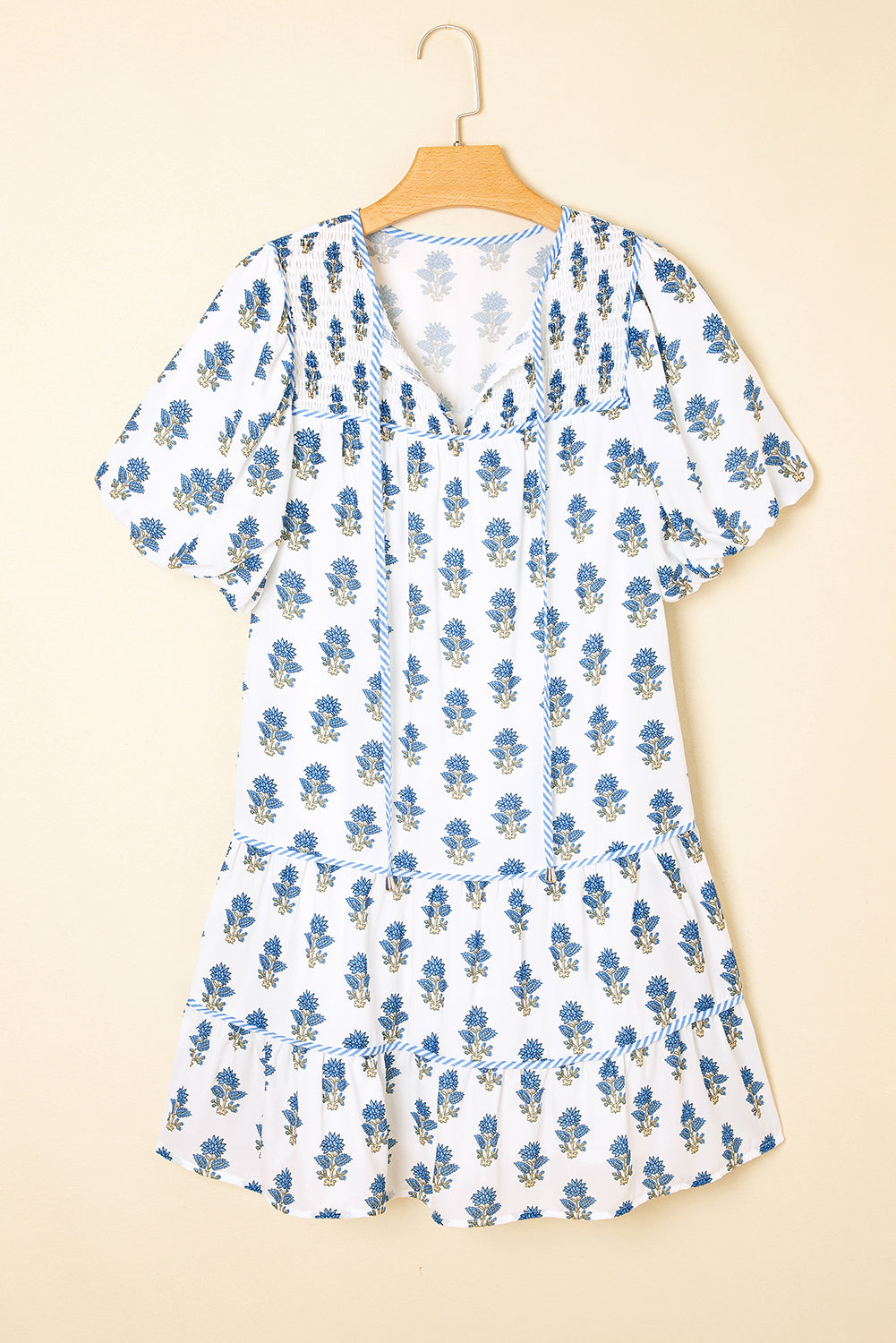 Sky Blue Floral Puff Sleeve Tied Neck Pocketed Mini Dress Floral Dresses JT's Designer Fashion