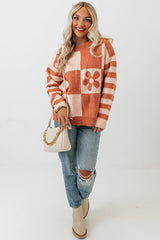 Brown Checkered Floral Print Striped Sleeve Sweater Sweaters JT's Designer Fashion
