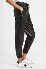 Black Faux Leather Ankle Smocked Waist Drawstring Joggers Pants & Culotte JT's Designer Fashion