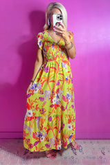 Yellow Cheetah Plant Print Shirred Button V Neck Long Dress Maxi Dresses JT's Designer Fashion