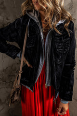 Black Fake Two-Piece Hooded Zip-Up Denim Jacket Black 75%Cotton+12.7%Polyester+12.3%Viscose Denim Jackets JT's Designer Fashion
