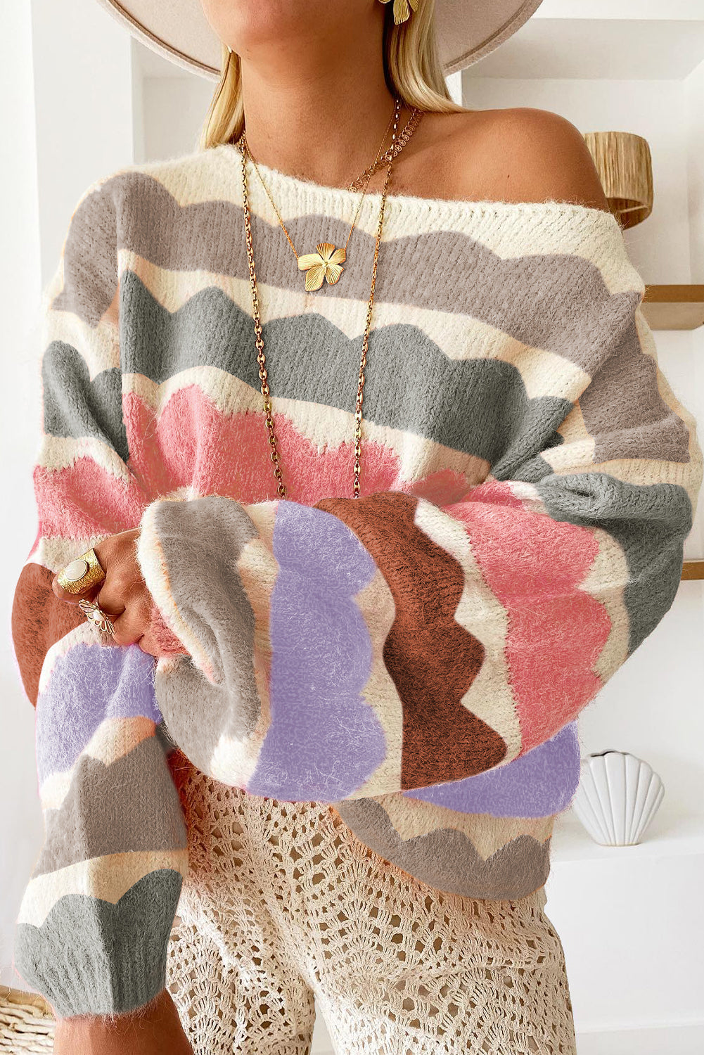 Gray Wave Striped Balloon Sleeve Drop Shoulder Sweater Sweaters JT's Designer Fashion