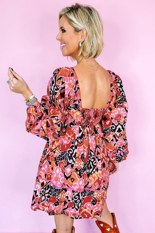 Pink Bohemian Square Neck Puff Sleeve Mini Dress Mini Dresses JT's Designer Fashion