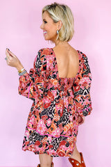 Pink Bohemian Square Neck Puff Sleeve Mini Dress Mini Dresses JT's Designer Fashion