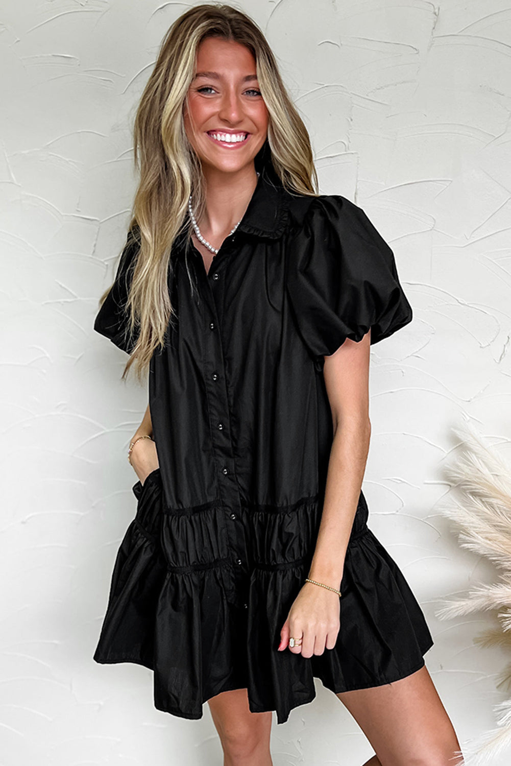 Black Shirt Style Button Down Puff Sleeve Ruffle Hem Dress Mini Dresses JT's Designer Fashion