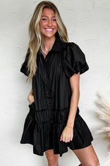 Black Shirt Style Button Down Puff Sleeve Ruffle Hem Dress Mini Dresses JT's Designer Fashion