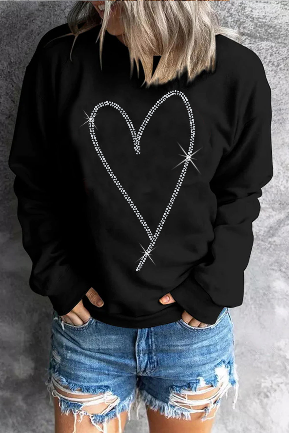 Black Rhinestone Heart Pattern Valentines Fashion Sweatshirt Graphic Sweatshirts JT's Designer Fashion