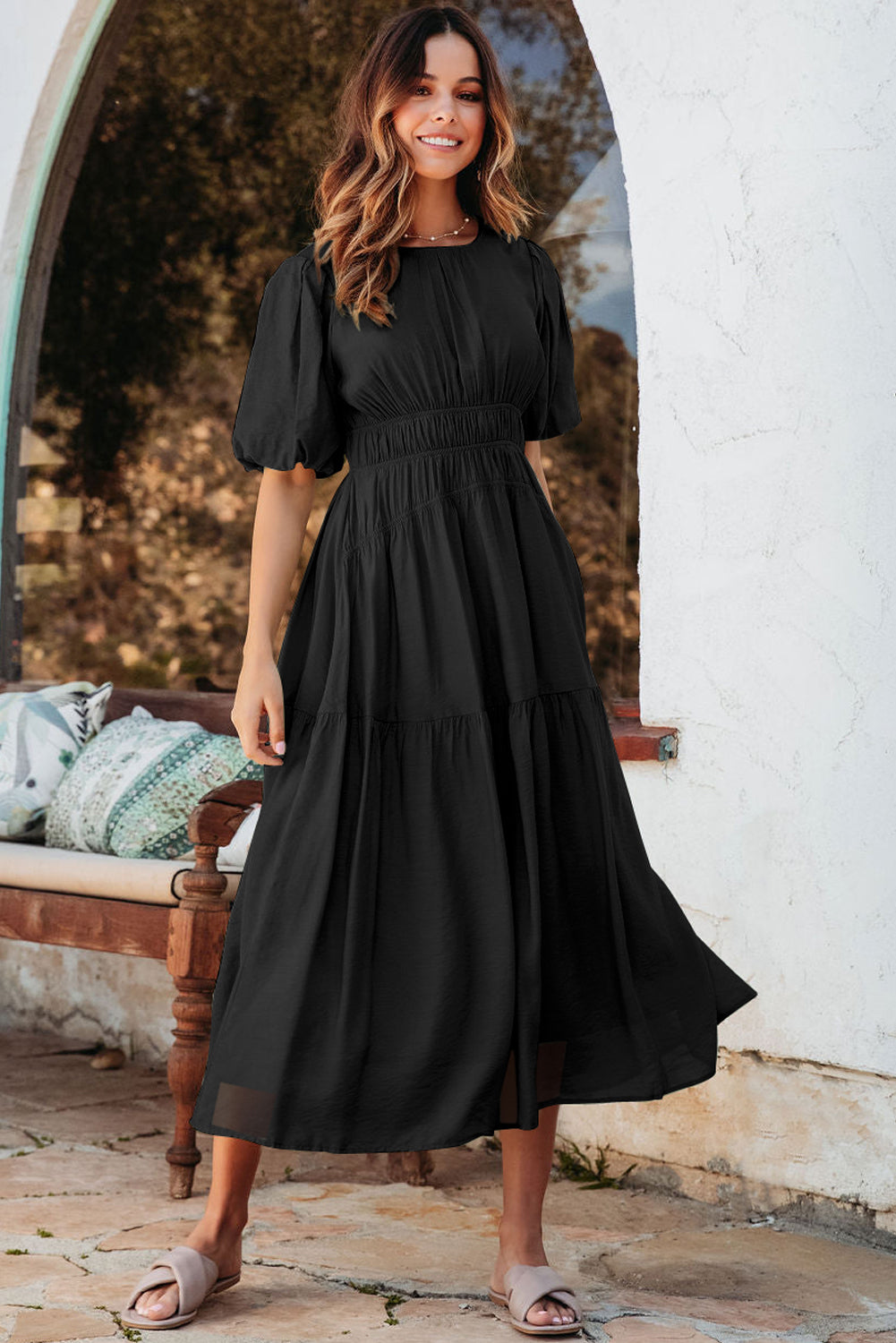 Black Puff Sleeve Pleated High Waist Flowy Long Dress Maxi Dresses JT's Designer Fashion