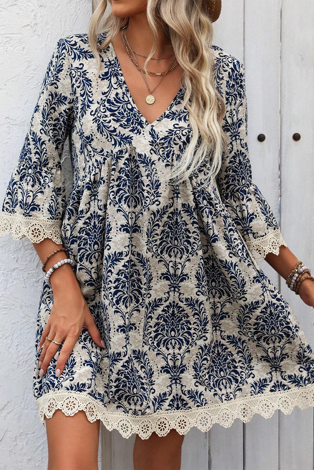 Sky Blue Vintage Printed Lace Trim V Neck 3/4 Sleeve Loose Dress Mini Dresses JT's Designer Fashion