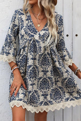 Sky Blue Vintage Printed Lace Trim V Neck 3/4 Sleeve Loose Dress Mini Dresses JT's Designer Fashion