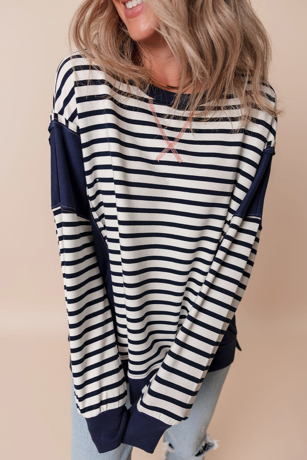 White Stripe Color Block Exposed Seam Loose Fit Sweatshirt Sweatshirts & Hoodies JT's Designer Fashion