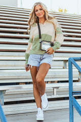 Laurel Green Colorblock Patchwork Buttoned Collar Kangaroo Pocket Sweatshirt Sweatshirts & Hoodies JT's Designer Fashion