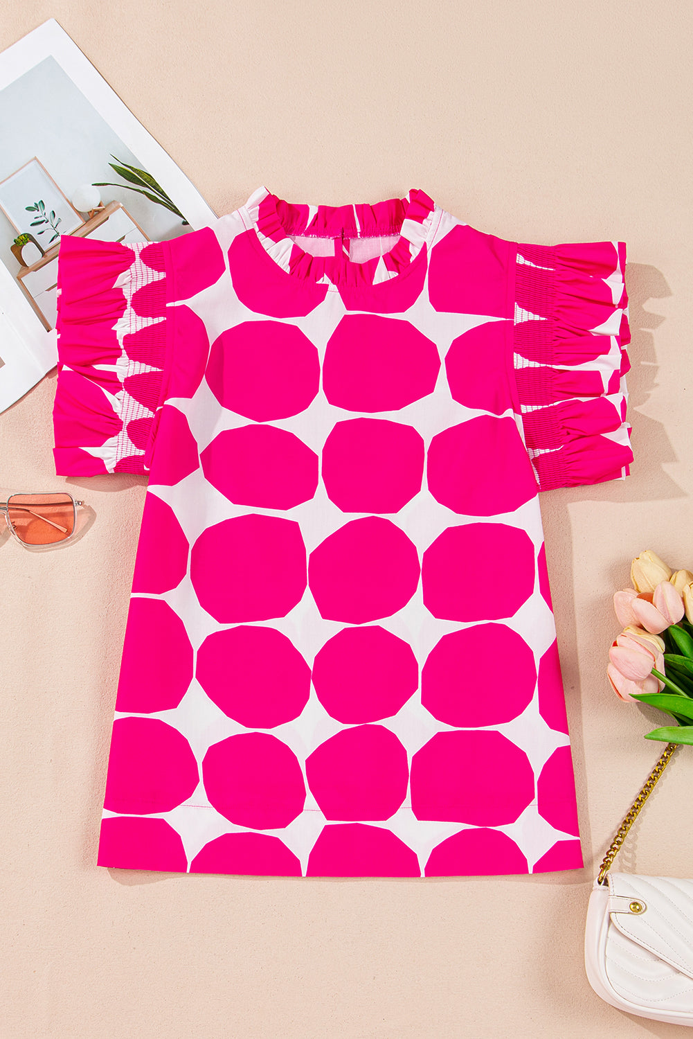 Rose Bubblegum Pattern Frilled Collar Flutter Sleeve Top Blouses & Shirts JT's Designer Fashion