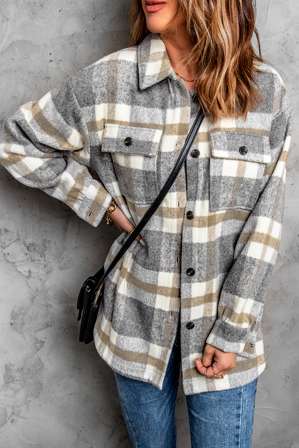 Brown Plaid Print Pocket Women Shacket Brown Plaid Shackets JT's Designer Fashion
