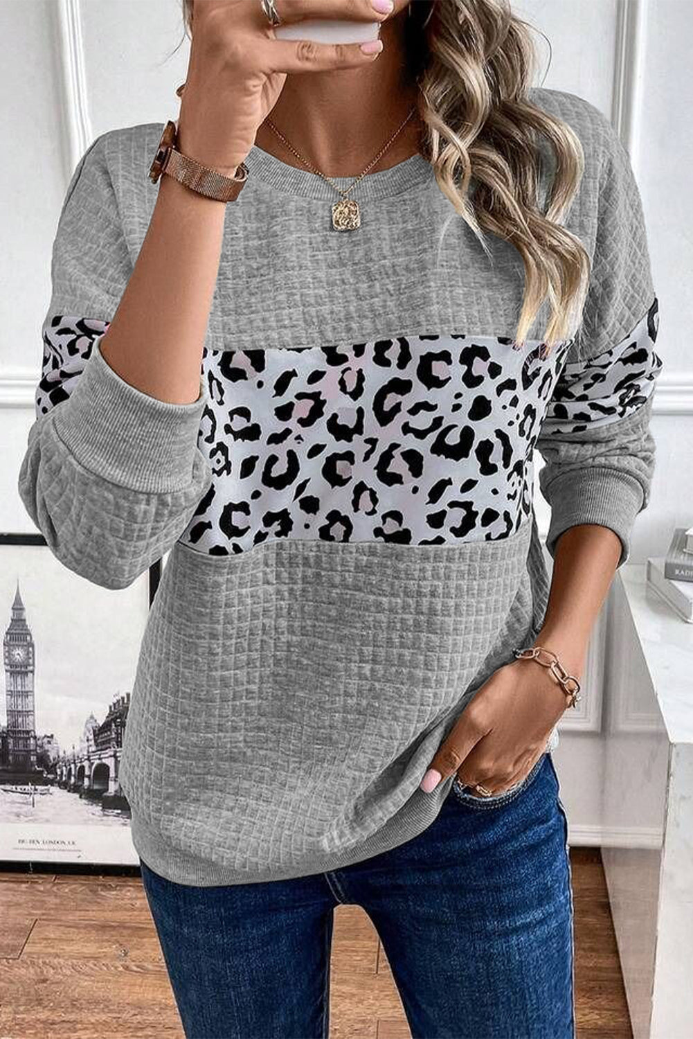 Gray Leopard Quilted Patchwork Crew Neck Sweatshirt Sweatshirts & Hoodies JT's Designer Fashion