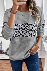 Gray Leopard Quilted Patchwork Crew Neck Sweatshirt Sweatshirts & Hoodies JT's Designer Fashion
