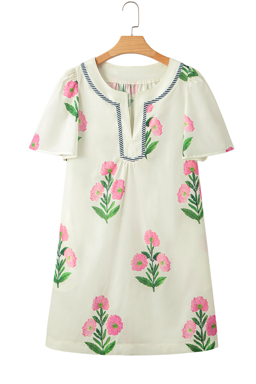 Apricot Floral Short Sleeve Split Neck Loose Mini Dress Floral Dresses JT's Designer Fashion
