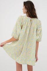Green Floral Half Sleeve Frilled U Neck A-line Short Dress Floral Dresses JT's Designer Fashion
