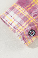 Pink Plaid Print Chest Pocket Long Sleeve Shacket Plaid Shackets JT's Designer Fashion