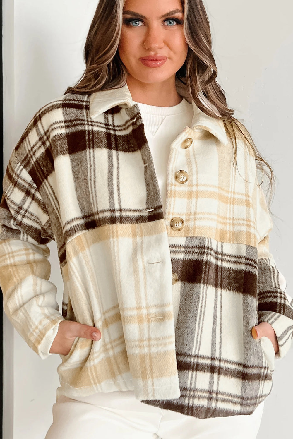 Multicolour Plaid Patchwork Side Pockets Buttoned Shacket Plaid Shackets JT's Designer Fashion