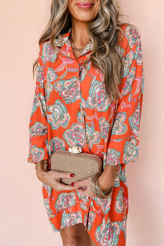 Red Floral Print Lapel Collar Loose Shirt Mini Dress Red 100%Polyester Floral Dresses JT's Designer Fashion