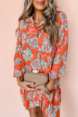 Red Floral Print Lapel Collar Loose Shirt Mini Dress Red 100%Polyester Floral Dresses JT's Designer Fashion