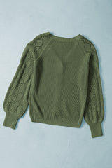 Green Bishop Sleeve Button V Neck Cardigan Sweater Cardigans JT's Designer Fashion