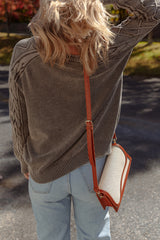 Dark Brown Contrast Cable Knit Sleeve Casual Sweater Sweaters JT's Designer Fashion