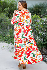 Orange Floral Print Drawstring V Neck Tiered Plus Size Dress Plus Size Maxi Dresses JT's Designer Fashion
