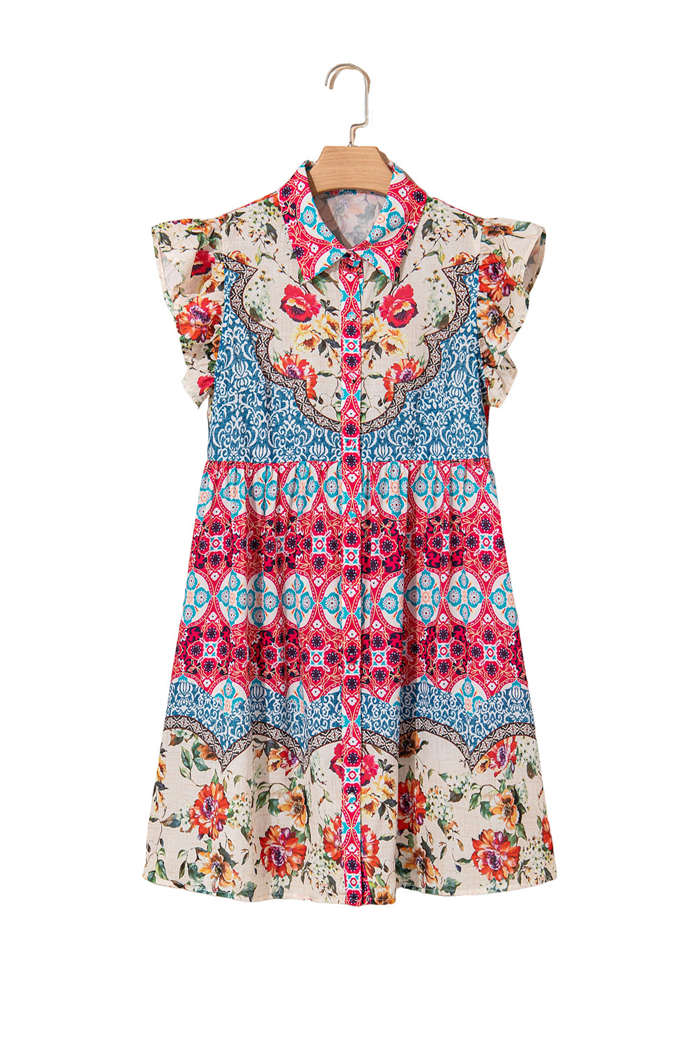Rose Floral Mixed Pattern Ruffle Flutter Sleeve Buttoned Dress Floral Dresses JT's Designer Fashion