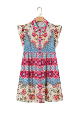 Rose Floral Mixed Pattern Ruffle Flutter Sleeve Buttoned Dress Floral Dresses JT's Designer Fashion